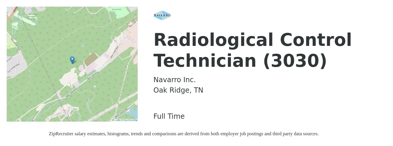Navarro Inc. job posting for a Radiological Control Technician (3030) in Oak Ridge, TN with a salary of $18 to $30 Hourly with a map of Oak Ridge location.