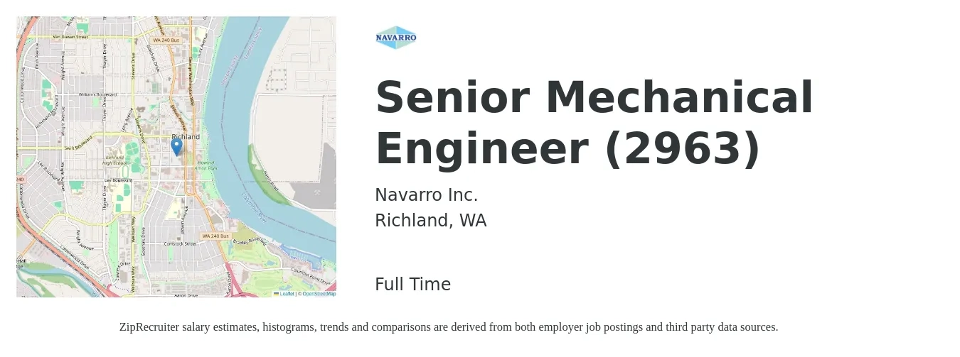 Navarro Inc. job posting for a Senior Mechanical Engineer (2963) in Richland, WA with a salary of $109,200 to $144,200 Yearly with a map of Richland location.