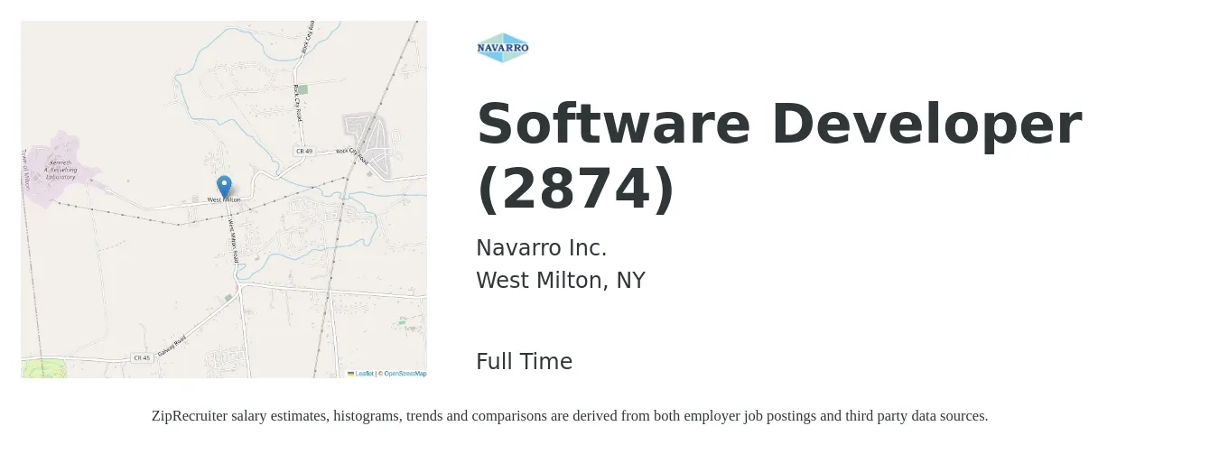 Navarro Inc. job posting for a Software Developer (2874) in West Milton, NY with a salary of $80,000 to $110,000 Yearly with a map of West Milton location.