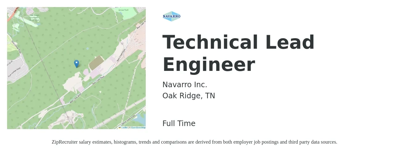 Navarro Inc. job posting for a Technical Lead Engineer in Oak Ridge, TN with a salary of $88,900 to $117,100 Yearly with a map of Oak Ridge location.