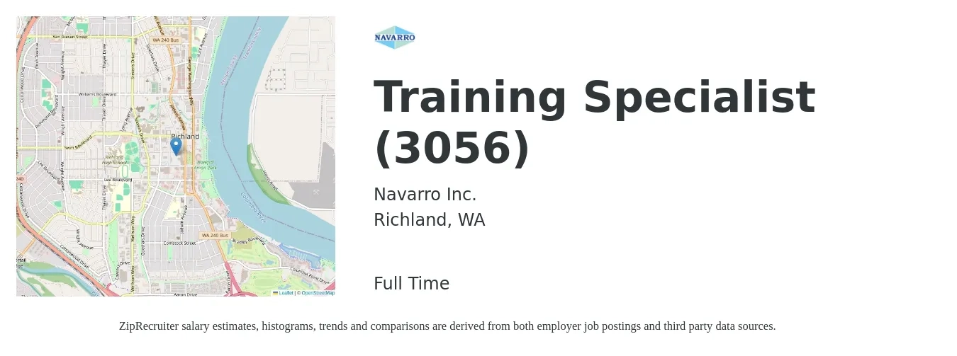 Navarro Inc. job posting for a Training Specialist (3056) in Richland, WA with a salary of $59,600 to $86,800 Yearly with a map of Richland location.
