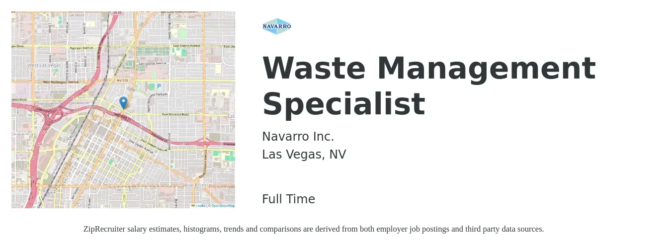 Navarro Inc. job posting for a Waste Management Specialist in Las Vegas, NV with a salary of $45,800 to $68,800 Yearly with a map of Las Vegas location.