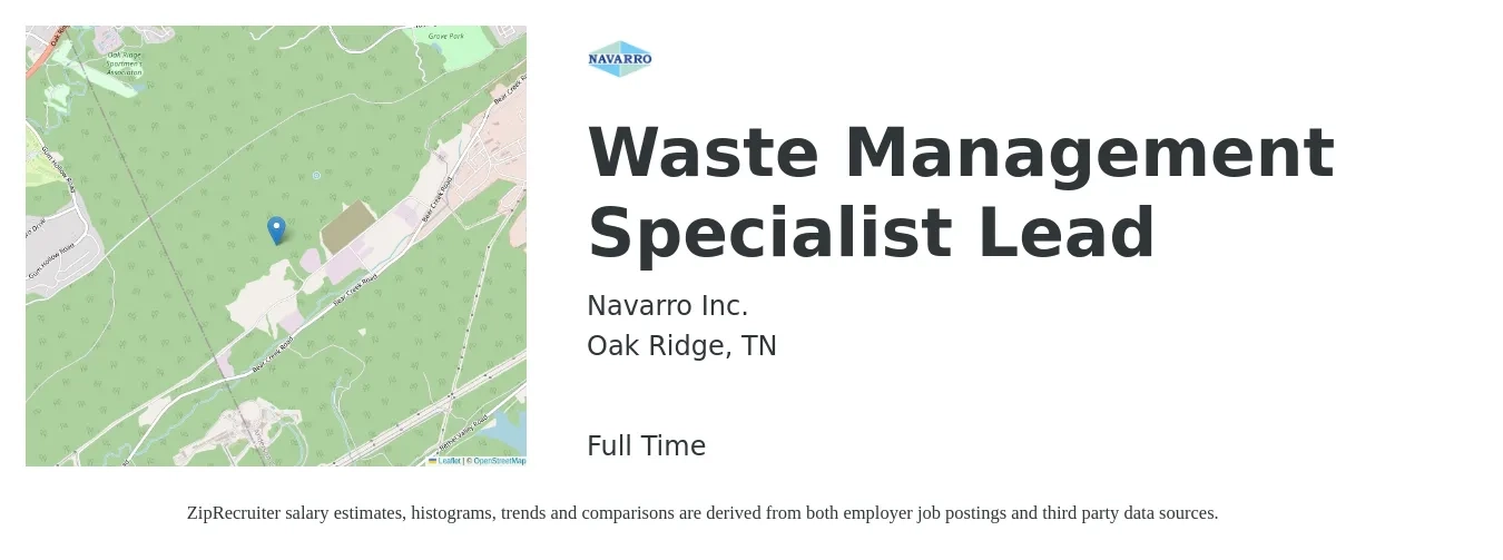 Navarro Inc. job posting for a Waste Management Specialist Lead in Oak Ridge, TN with a salary of $33,800 to $72,000 Yearly with a map of Oak Ridge location.