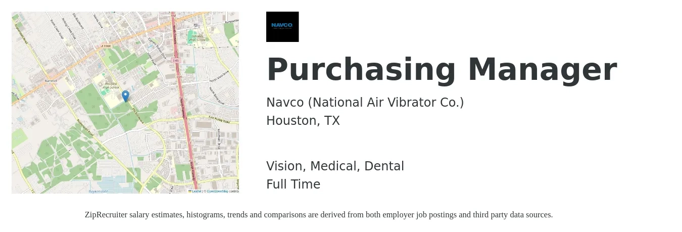 Navco (National Air Vibrator Co.) job posting for a Purchasing Manager in Houston, TX with a salary of $62,100 to $95,500 Yearly and benefits including life_insurance, medical, pto, retirement, vision, and dental with a map of Houston location.