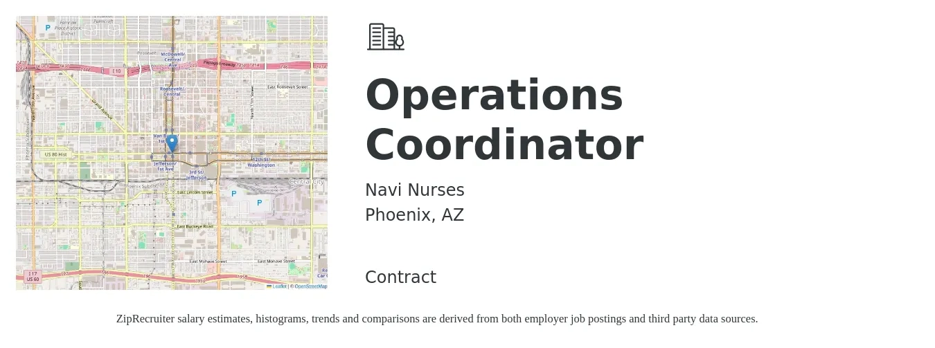 Navi Nurses job posting for a Operations Coordinator in Phoenix, AZ with a salary of $20 to $30 Hourly with a map of Phoenix location.