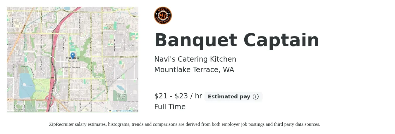 Navi's Catering Kitchen job posting for a Banquet Captain in Mountlake Terrace, WA with a salary of $22 to $24 Hourly with a map of Mountlake Terrace location.