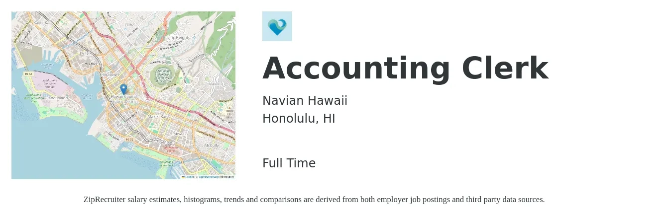 Navian Hawaii job posting for a Accounting Clerk in Honolulu, HI with a salary of $17 to $21 Hourly with a map of Honolulu location.