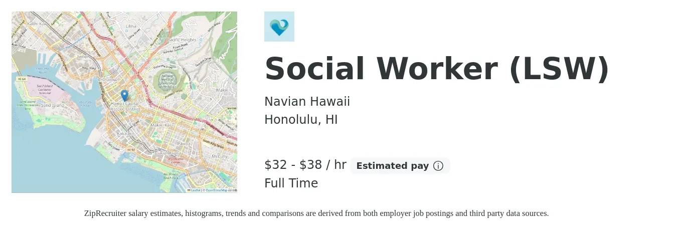 Navian Hawaii job posting for a Social Worker LSW in Honolulu, HI with a salary of $55,900 to $77,600 Yearly with a map of Honolulu location.