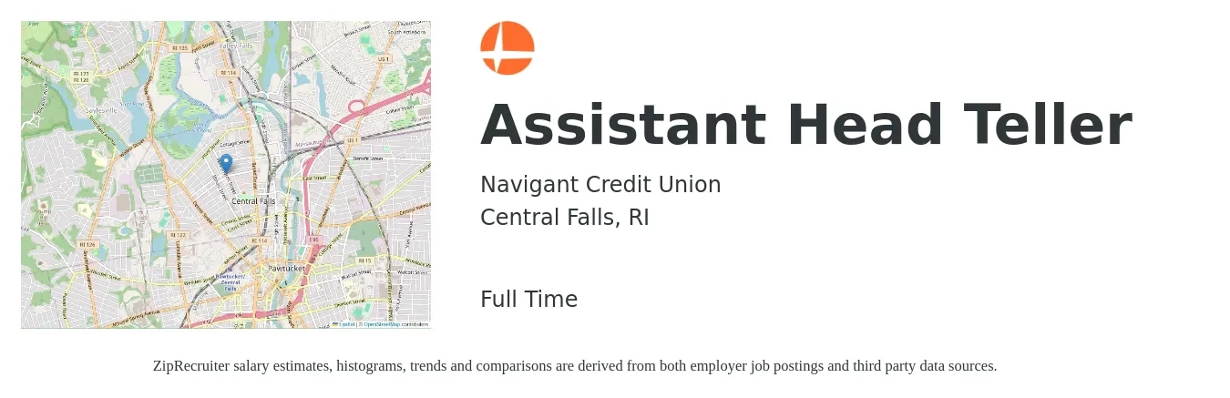 Navigant Credit Union job posting for a Assistant Head Teller in Central Falls, RI with a salary of $16 to $20 Hourly with a map of Central Falls location.