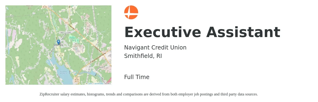 Navigant Credit Union job posting for a Executive Assistant in Smithfield, RI with a salary of $48,000 to $72,100 Yearly with a map of Smithfield location.