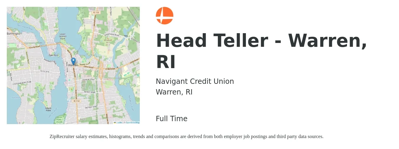 Navigant Credit Union job posting for a Head Teller - Warren, RI in Warren, RI with a salary of $16 to $20 Hourly with a map of Warren location.