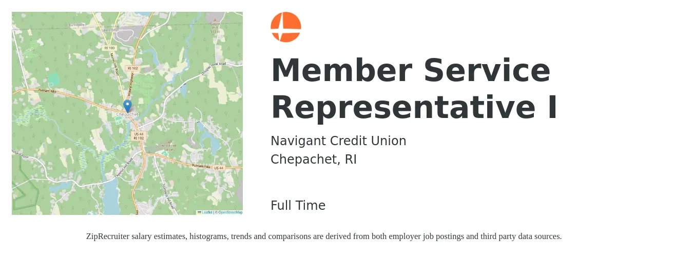 Navigant Credit Union job posting for a Member Service Representative I in Chepachet, RI with a salary of $14 to $22 Hourly with a map of Chepachet location.