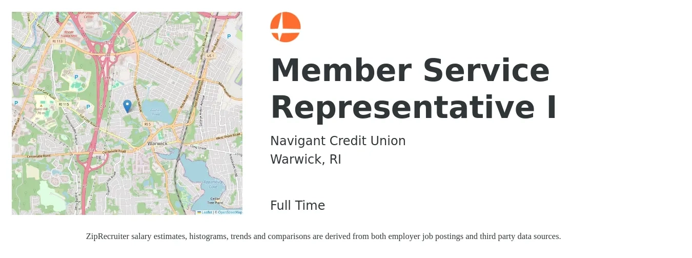 Navigant Credit Union job posting for a Member Service Representative I in Warwick, RI with a salary of $12 to $19 Hourly with a map of Warwick location.