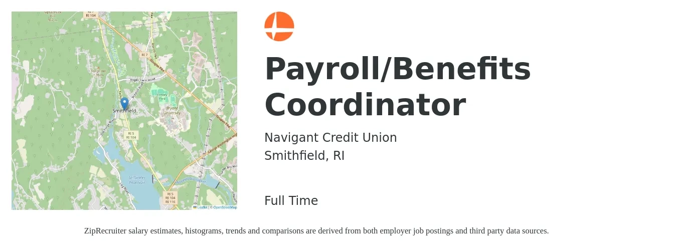 Navigant Credit Union job posting for a Payroll/Benefits Coordinator in Smithfield, RI with a salary of $22 to $29 Hourly with a map of Smithfield location.