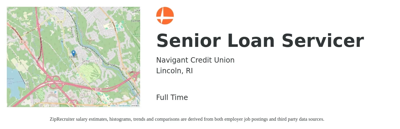 Navigant Credit Union job posting for a Senior Loan Servicer in Lincoln, RI with a salary of $85,300 to $129,600 Yearly with a map of Lincoln location.