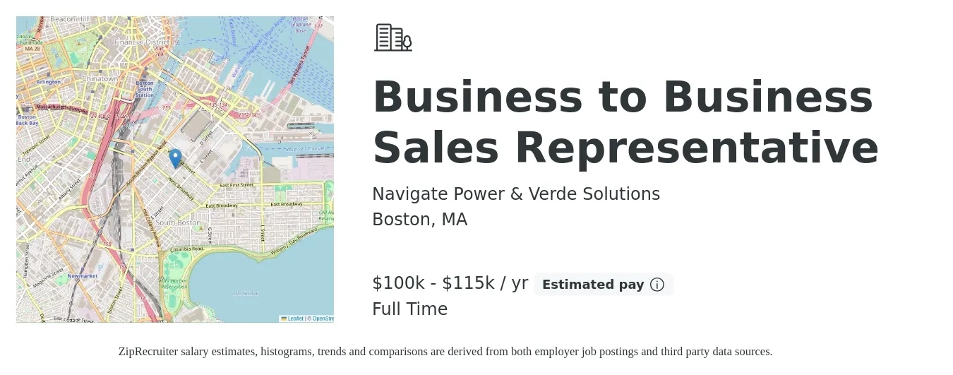 Navigate Power & Verde Solutions job posting for a Business to Business Sales Representative in Boston, MA with a salary of $100,000 to $115,000 Yearly with a map of Boston location.