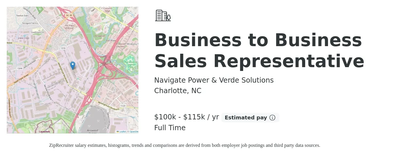 Navigate Power & Verde Solutions job posting for a Business to Business Sales Representative in Charlotte, NC with a salary of $100,000 to $115,000 Yearly with a map of Charlotte location.