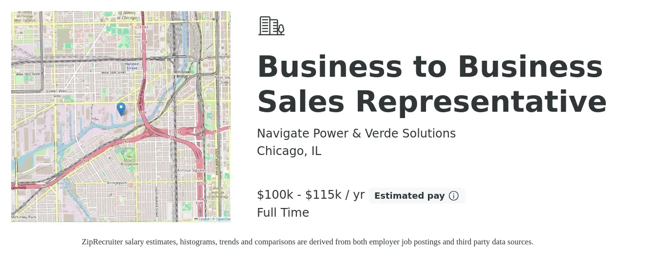 Navigate Power & Verde Solutions job posting for a Business to Business Sales Representative in Chicago, IL with a salary of $100,000 to $115,000 Yearly with a map of Chicago location.