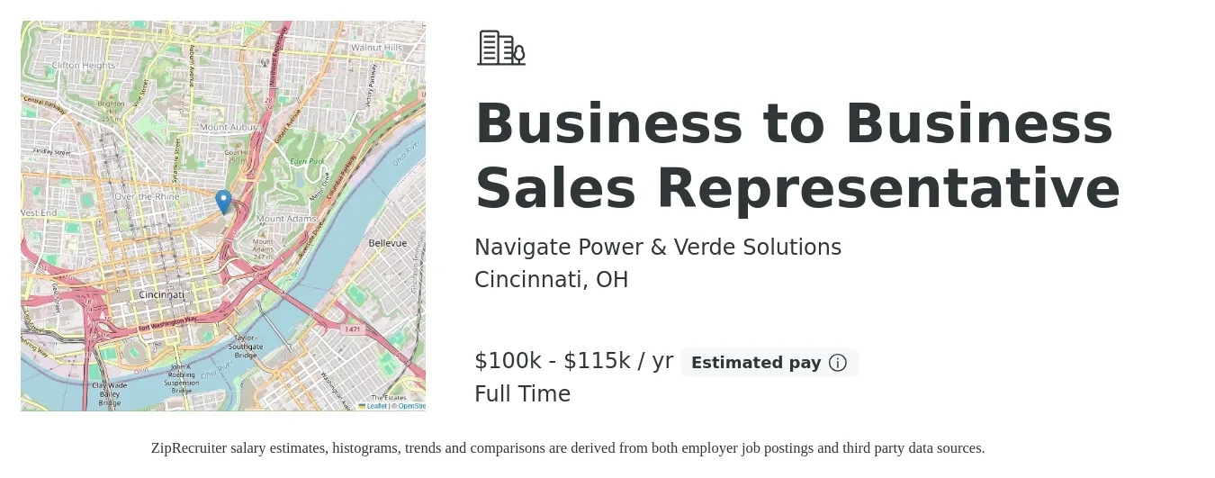 Navigate Power & Verde Solutions job posting for a Business to Business Sales Representative in Cincinnati, OH with a salary of $100,000 to $115,000 Yearly with a map of Cincinnati location.