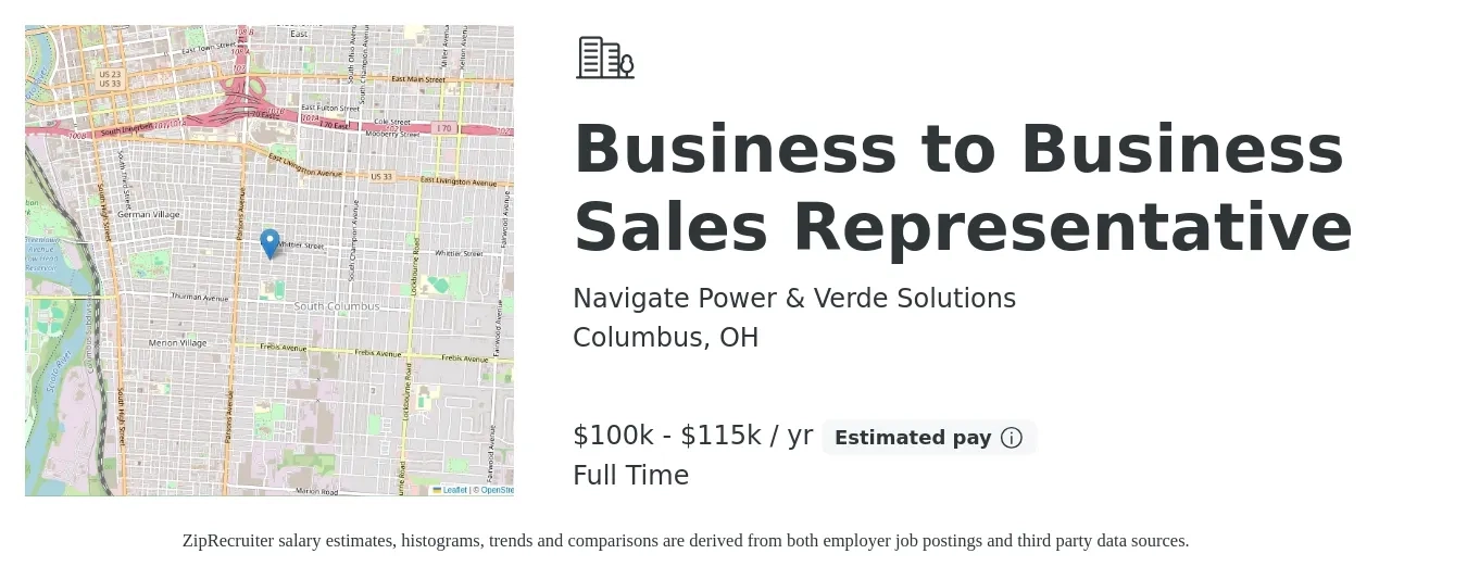 Navigate Power & Verde Solutions job posting for a Business to Business Sales Representative in Columbus, OH with a salary of $100,000 to $115,000 Yearly with a map of Columbus location.