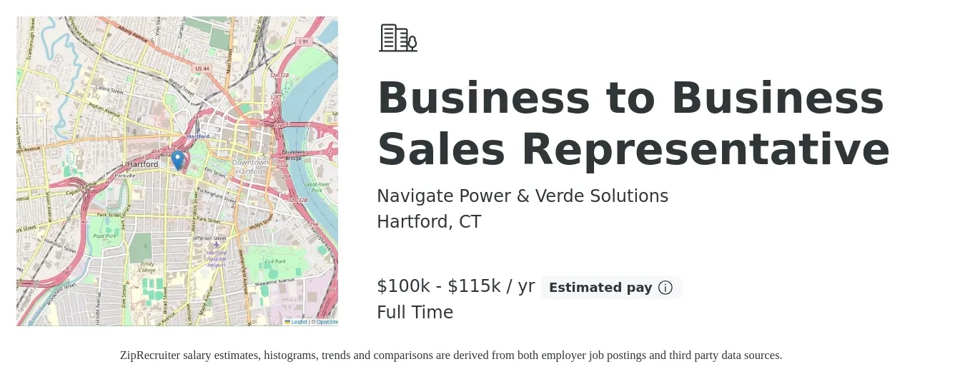 Navigate Power & Verde Solutions job posting for a Business to Business Sales Representative in Hartford, CT with a salary of $100,000 to $115,000 Yearly with a map of Hartford location.