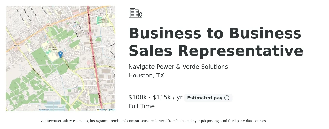 Navigate Power & Verde Solutions job posting for a Business to Business Sales Representative in Houston, TX with a salary of $100,000 to $115,000 Yearly with a map of Houston location.