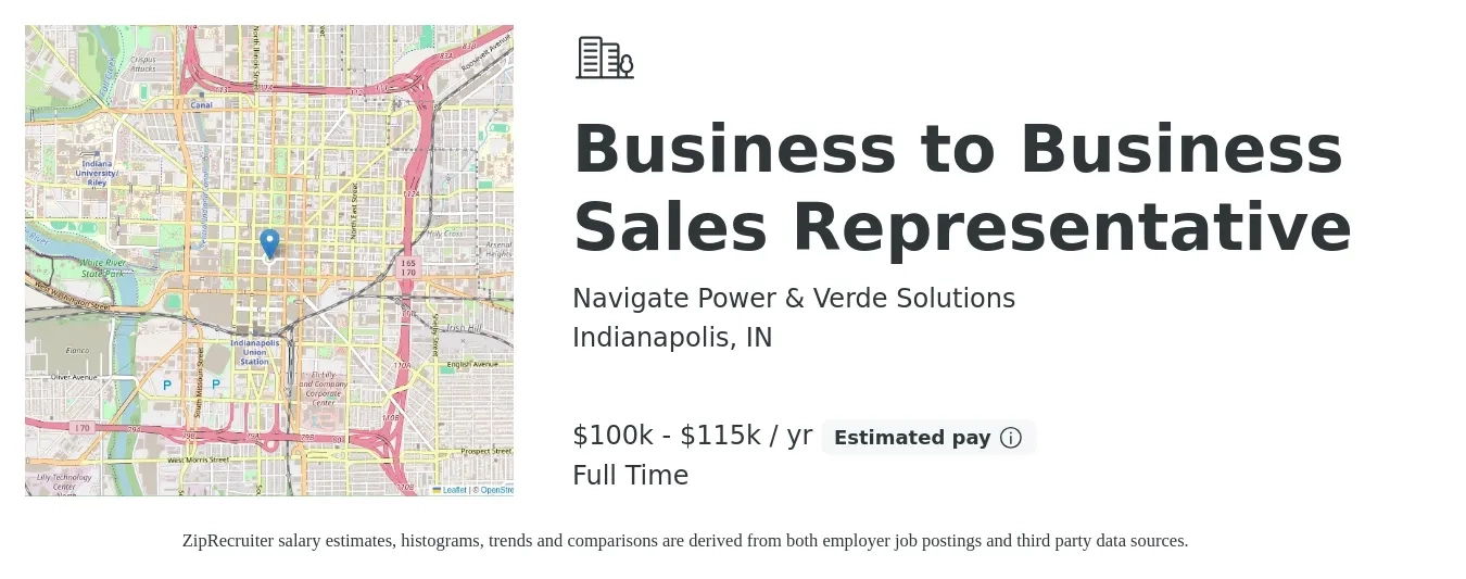 Navigate Power & Verde Solutions job posting for a Business to Business Sales Representative in Indianapolis, IN with a salary of $100,000 to $115,000 Yearly with a map of Indianapolis location.