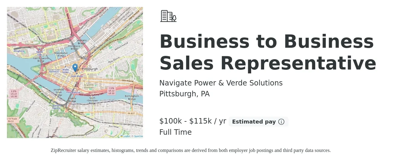 Navigate Power & Verde Solutions job posting for a Business to Business Sales Representative in Pittsburgh, PA with a salary of $100,000 to $115,000 Yearly with a map of Pittsburgh location.