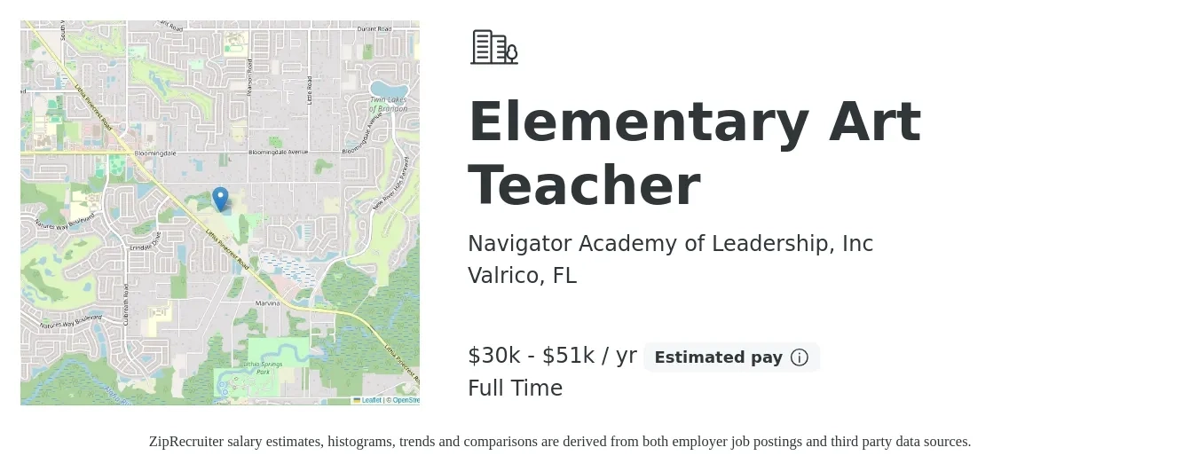 Navigator Academy of Leadership, Inc job posting for a Elementary Art Teacher in Valrico, FL with a salary of $30,000 to $51,400 Yearly with a map of Valrico location.