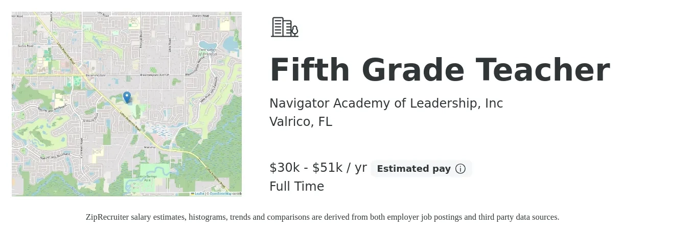 Navigator Academy of Leadership, Inc job posting for a Fifth Grade Teacher in Valrico, FL with a salary of $30,000 to $51,400 Yearly with a map of Valrico location.