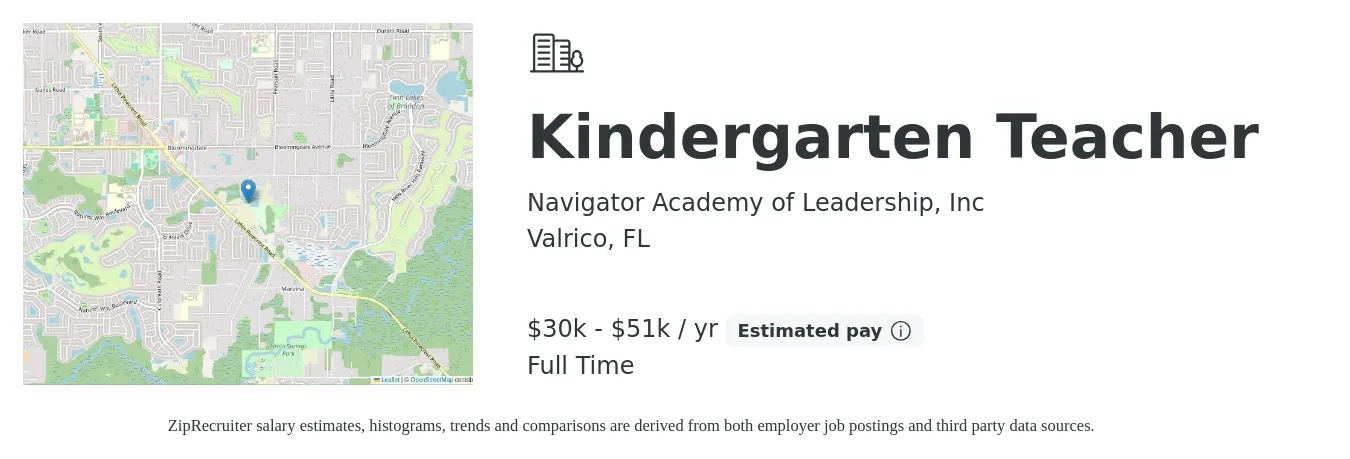 Navigator Academy of Leadership, Inc job posting for a Kindergarten Teacher in Valrico, FL with a salary of $30,000 to $51,400 Yearly with a map of Valrico location.