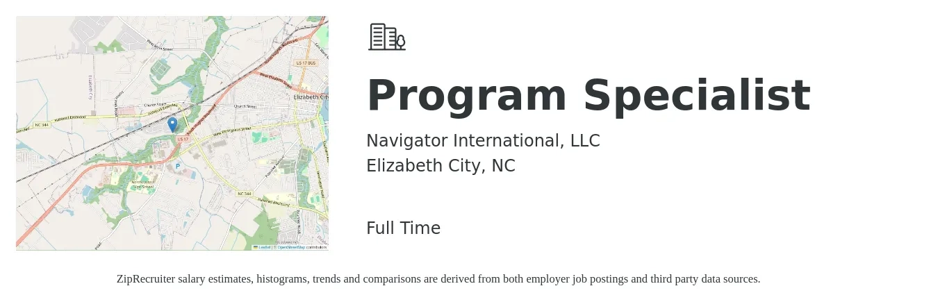 Navigator International, LLC job posting for a Program Specialist in Elizabeth City, NC with a salary of $38 Hourly with a map of Elizabeth City location.