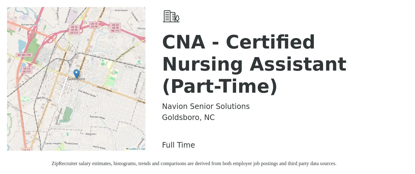 Navion Senior Solutions job posting for a CNA - Certified Nursing Assistant (Part-Time) in Goldsboro, NC with a salary of $15 to $21 Hourly with a map of Goldsboro location.