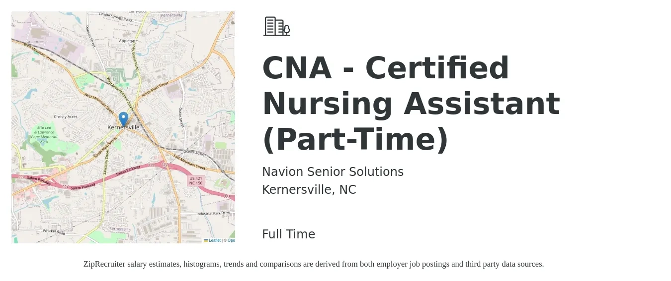 Navion Senior Solutions job posting for a CNA - Certified Nursing Assistant (Part-Time) in Kernersville, NC with a salary of $16 to $22 Hourly with a map of Kernersville location.
