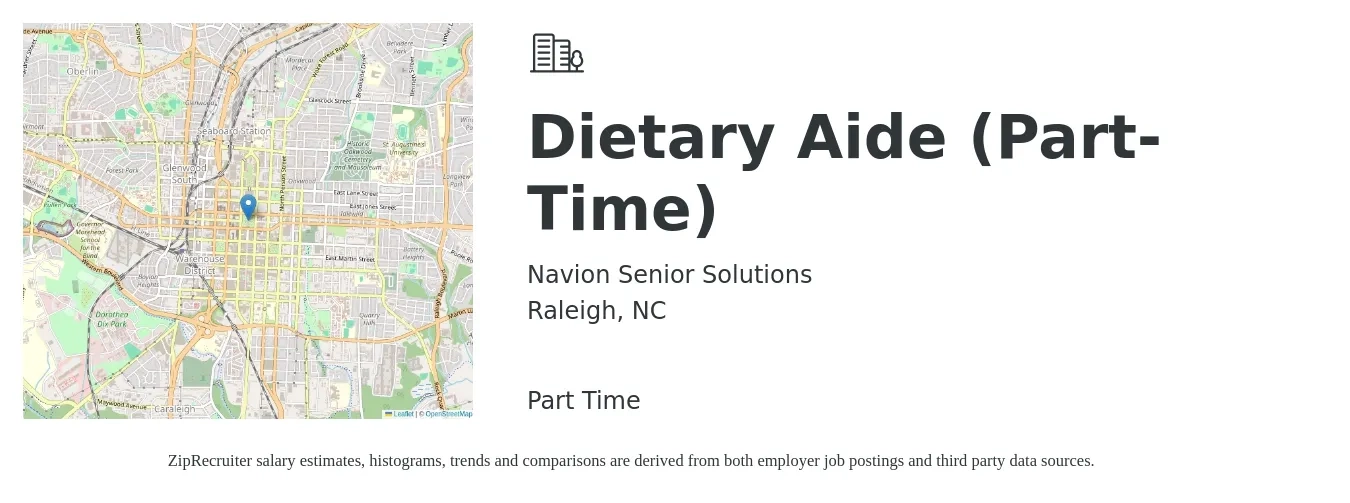 Navion Senior Solutions job posting for a Dietary Aide (Part-Time) in Raleigh, NC with a salary of $13 to $16 Hourly with a map of Raleigh location.
