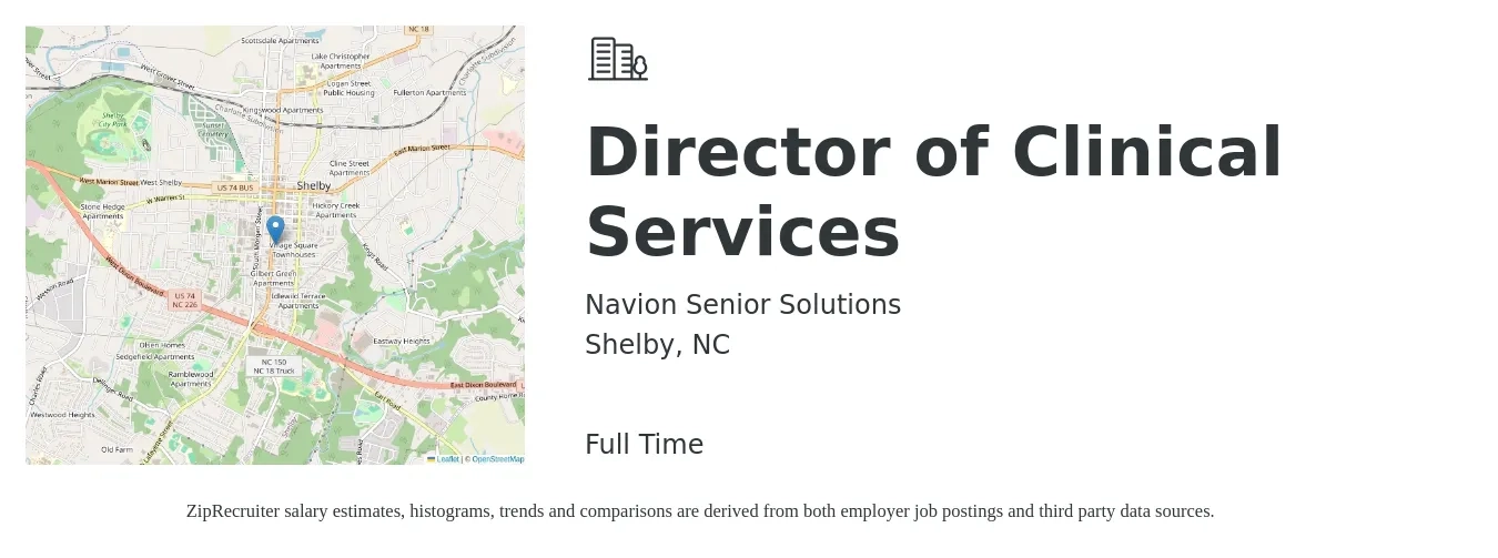 Navion Senior Solutions job posting for a Director of Clinical Services in Shelby, NC with a salary of $79,200 to $110,000 Yearly with a map of Shelby location.