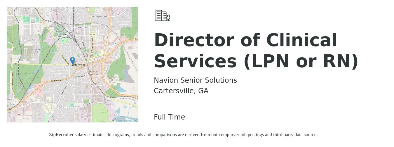 Navion Senior Solutions job posting for a Director of Clinical Services (LPN or RN) in Cartersville, GA with a salary of $73,800 to $111,700 Yearly with a map of Cartersville location.