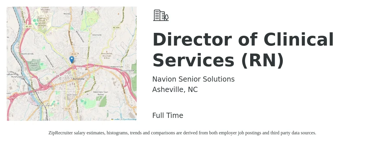 Navion Senior Solutions job posting for a Director of Clinical Services (RN) in Asheville, NC with a salary of $78,500 to $118,700 Yearly with a map of Asheville location.