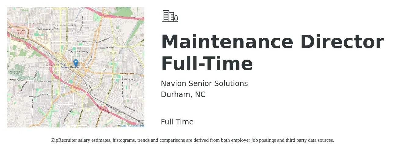 Navion Senior Solutions job posting for a Maintenance Director Full-Time in Durham, NC with a salary of $50,700 to $84,600 Yearly with a map of Durham location.