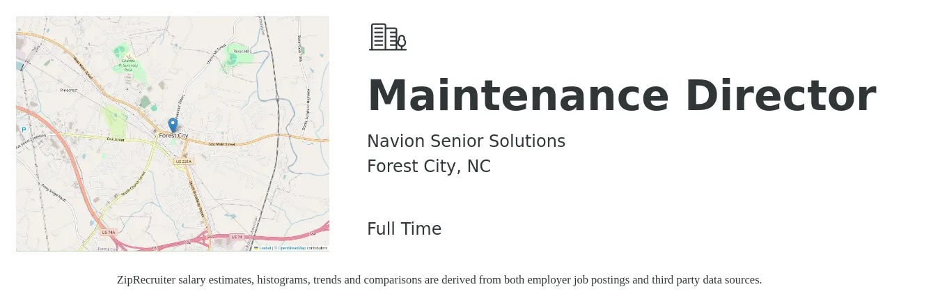 Navion Senior Solutions job posting for a Maintenance Director in Forest City, NC with a salary of $45,800 to $76,400 Yearly with a map of Forest City location.
