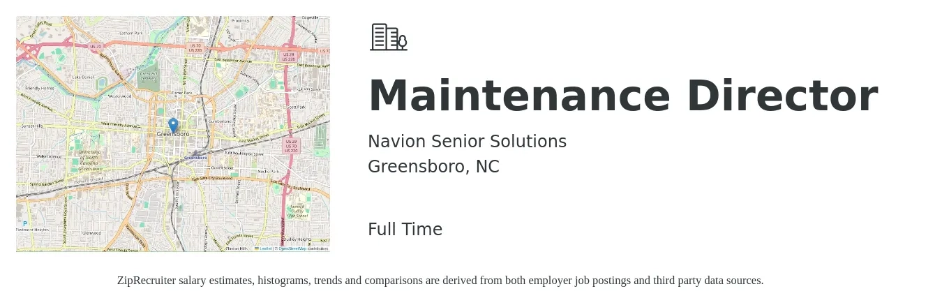 Navion Senior Solutions job posting for a Maintenance Director in Greensboro, NC with a salary of $50,900 to $84,800 Yearly with a map of Greensboro location.