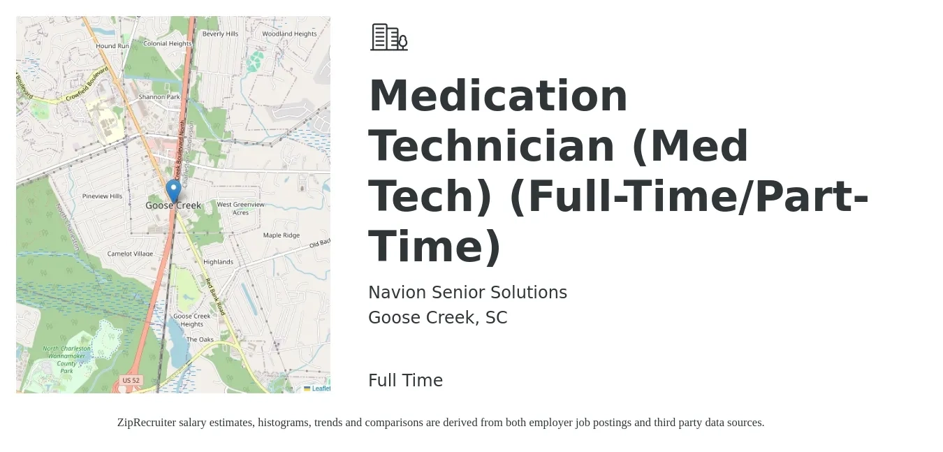 Navion Senior Solutions job posting for a Medication Technician (Med Tech) (Full-Time/Part-Time) in Goose Creek, SC with a salary of $16 to $20 Hourly with a map of Goose Creek location.