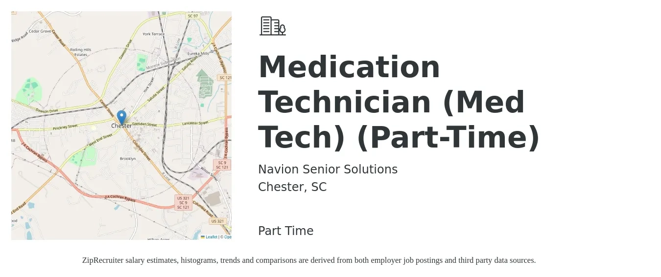 Navion Senior Solutions job posting for a Medication Technician (Med Tech) (Part-Time) in Chester, SC with a salary of $17 to $22 Hourly with a map of Chester location.