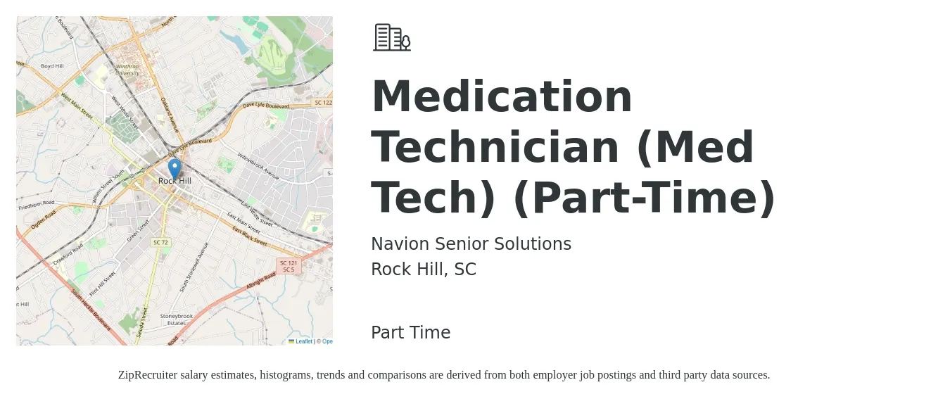 Navion Senior Solutions job posting for a Medication Technician (Med Tech) (Part-Time) in Rock Hill, SC with a salary of $14 to $18 Hourly with a map of Rock Hill location.