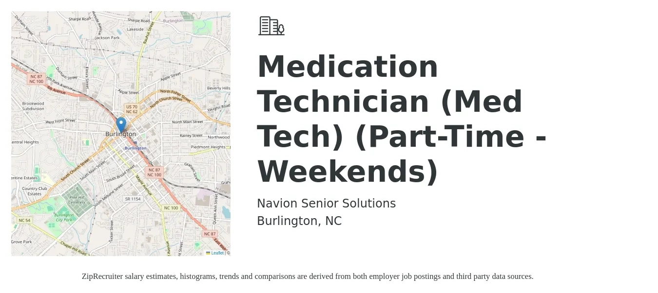Navion Senior Solutions job posting for a Medication Technician (Med Tech) (Part-Time - Weekends) in Burlington, NC with a salary of $14 to $18 Hourly with a map of Burlington location.