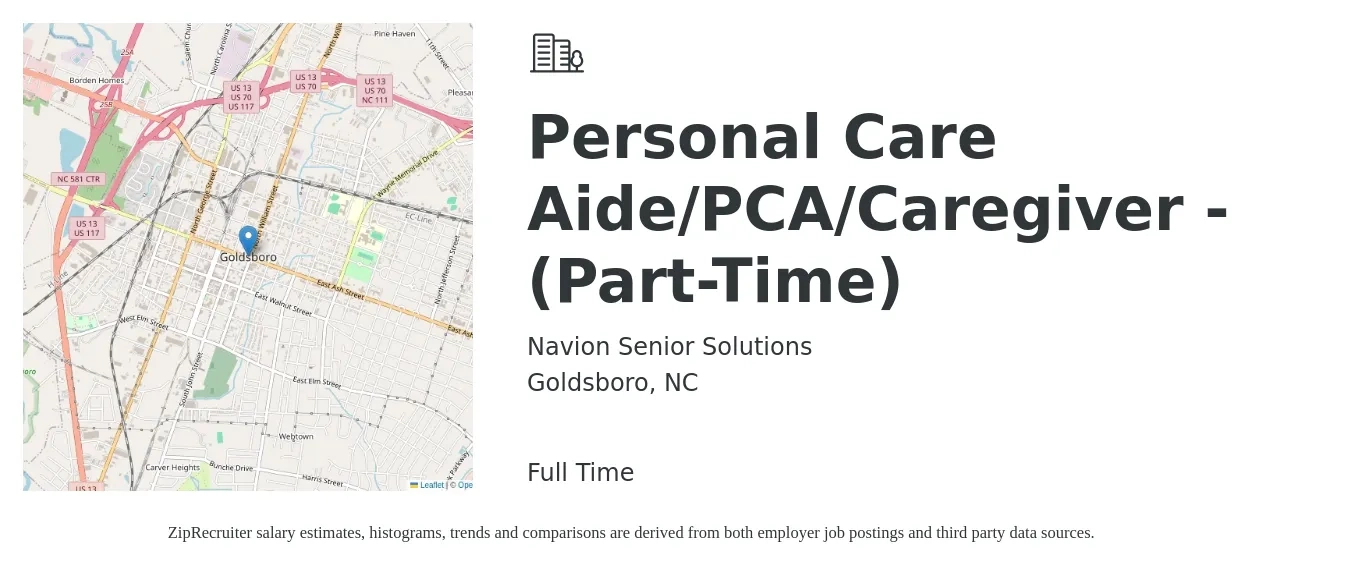 Navion Senior Solutions job posting for a Personal Care Aide/PCA/Caregiver - (Part-Time) in Goldsboro, NC with a salary of $11 to $15 Hourly with a map of Goldsboro location.