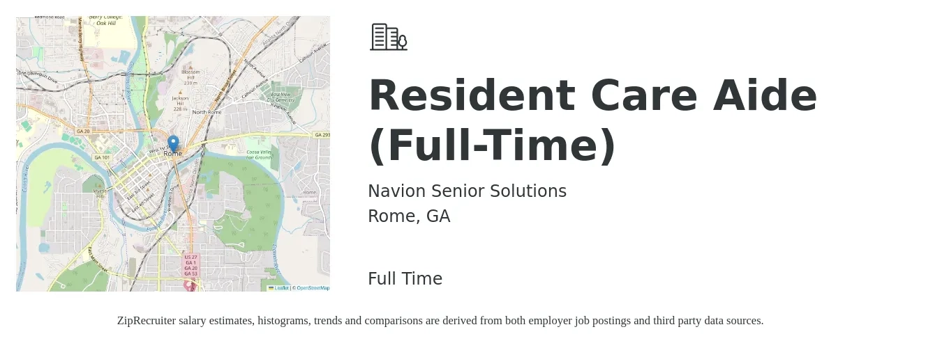 Navion Senior Solutions job posting for a Resident Care Aide (Full-Time) in Rome, GA with a salary of $15 to $20 Hourly with a map of Rome location.