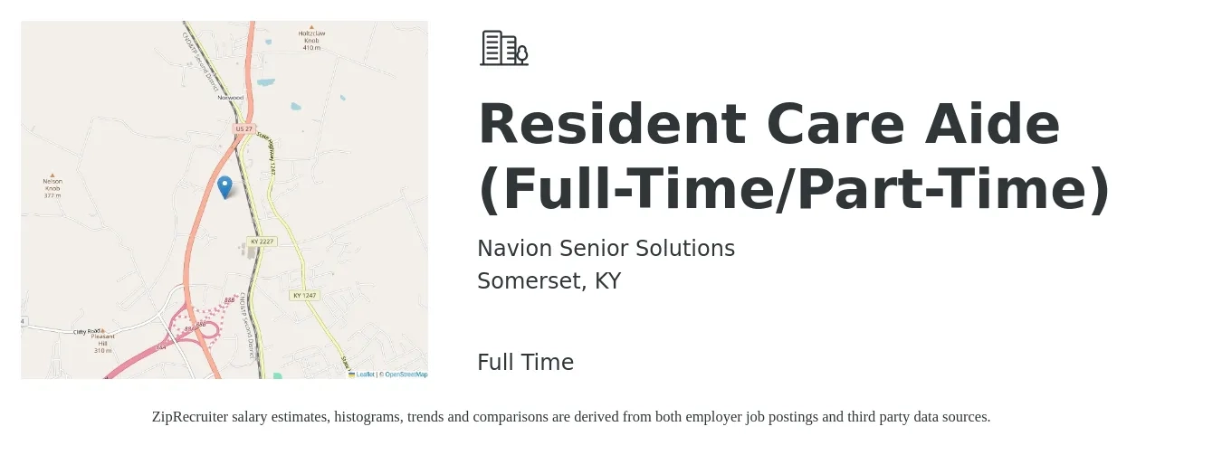 Navion Senior Solutions job posting for a Resident Care Aide (Full-Time/Part-Time) in Somerset, KY with a salary of $13 to $18 Hourly with a map of Somerset location.