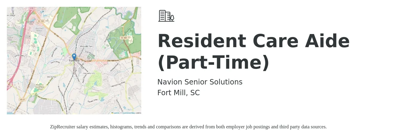 Navion Senior Solutions job posting for a Resident Care Aide (Part-Time) in Fort Mill, SC with a salary of $13 to $18 Hourly with a map of Fort Mill location.