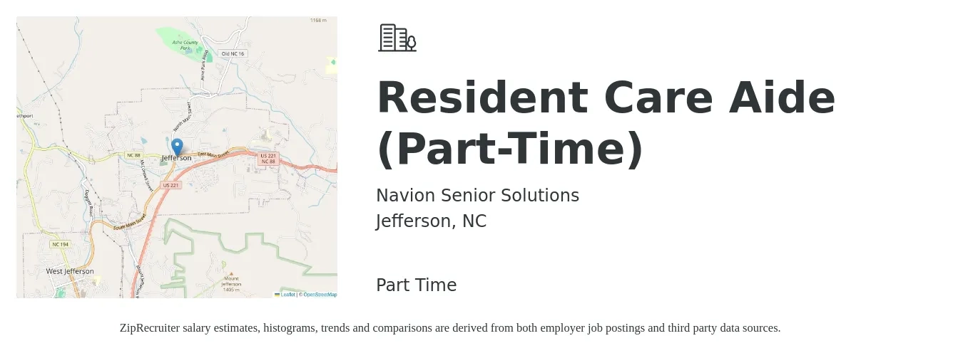Navion Senior Solutions job posting for a Resident Care Aide (Part-Time) in Jefferson, NC with a salary of $14 to $18 Hourly with a map of Jefferson location.